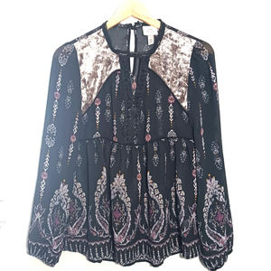 Knox Rose Boho Geometric Floral Chiffon Long Sleeve Black Purple S Tunic Blouse
